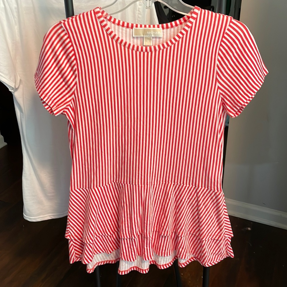 Michael Kors S Red/White Stripes Peplum Ruffled Shirt